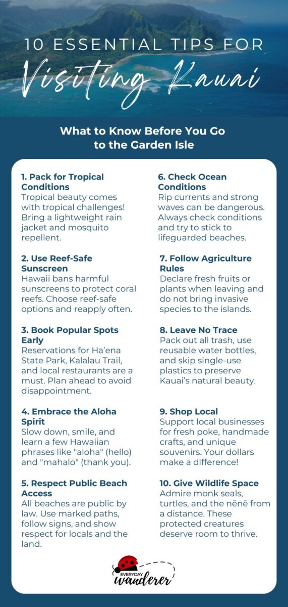 Infographic titled "10 Essential Tips for Visiting Kauai" with tips on packing, reef-safe sunscreen, booking activities, respecting culture, and following safety rules.