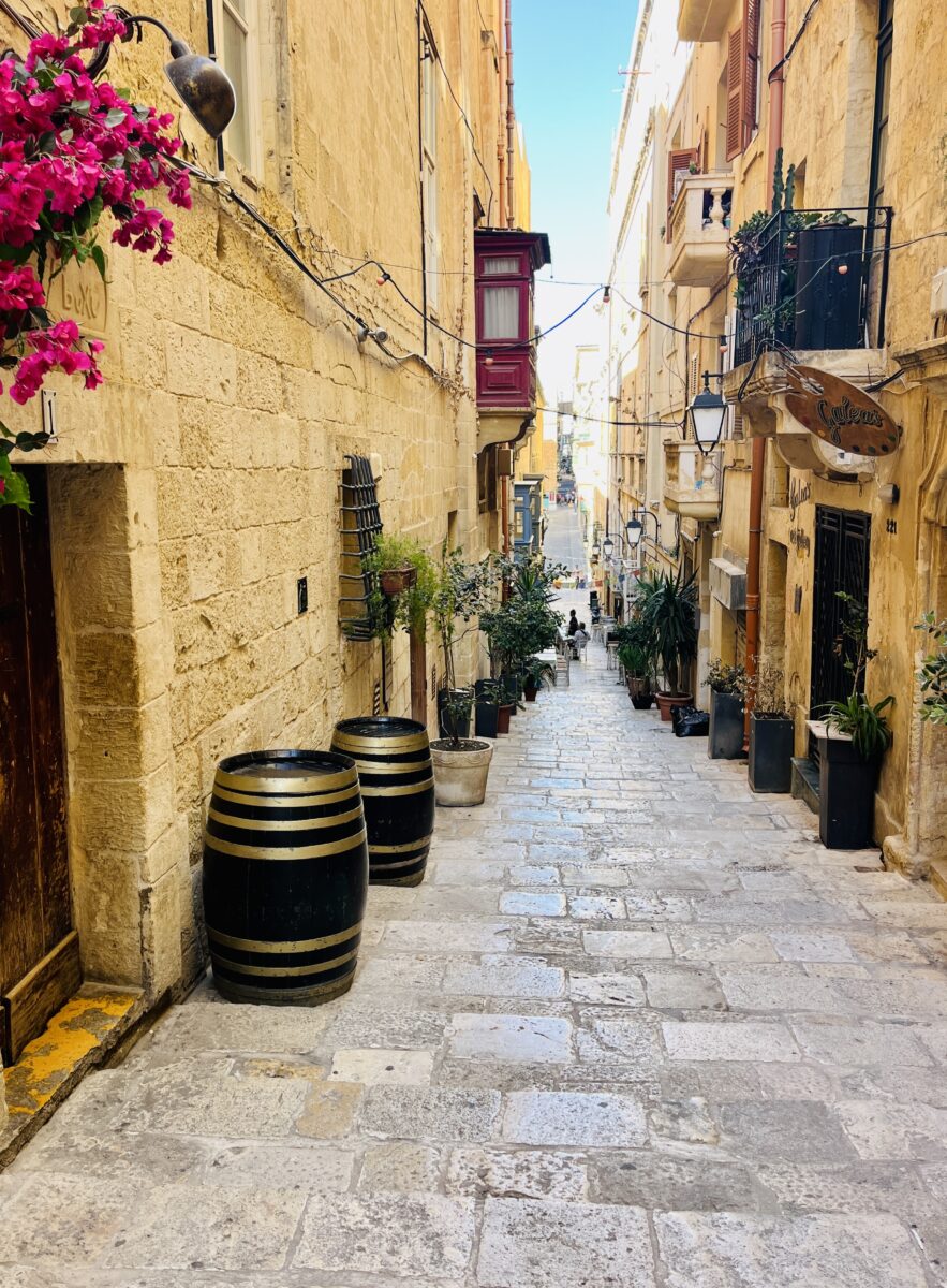 A narrow cobblestone street lined with potted plants, barrels, and balconies extends downhill between beige stone buildings, with a bright sky visible at the end.