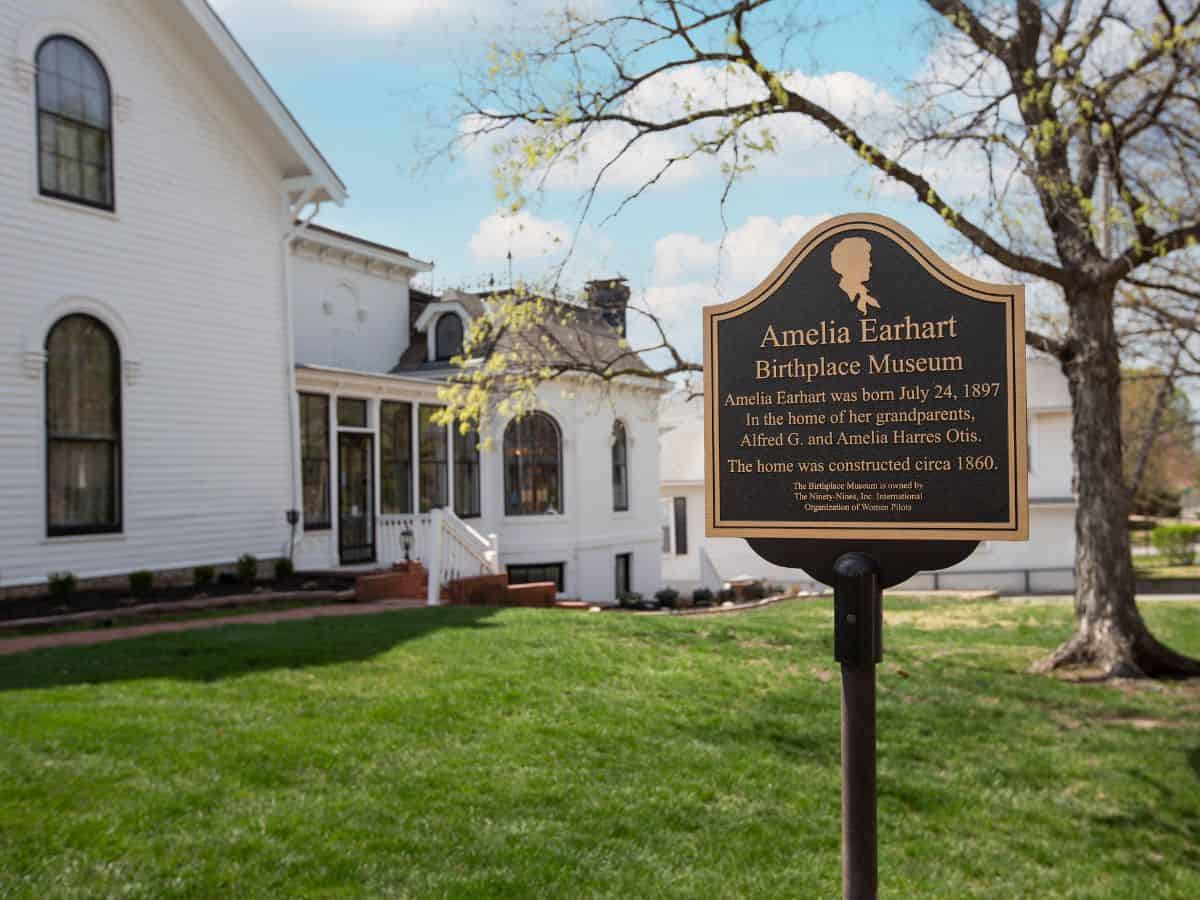 A sign marks the location of the Amelia Earhart Birthplace Museum in Atchison, KS.