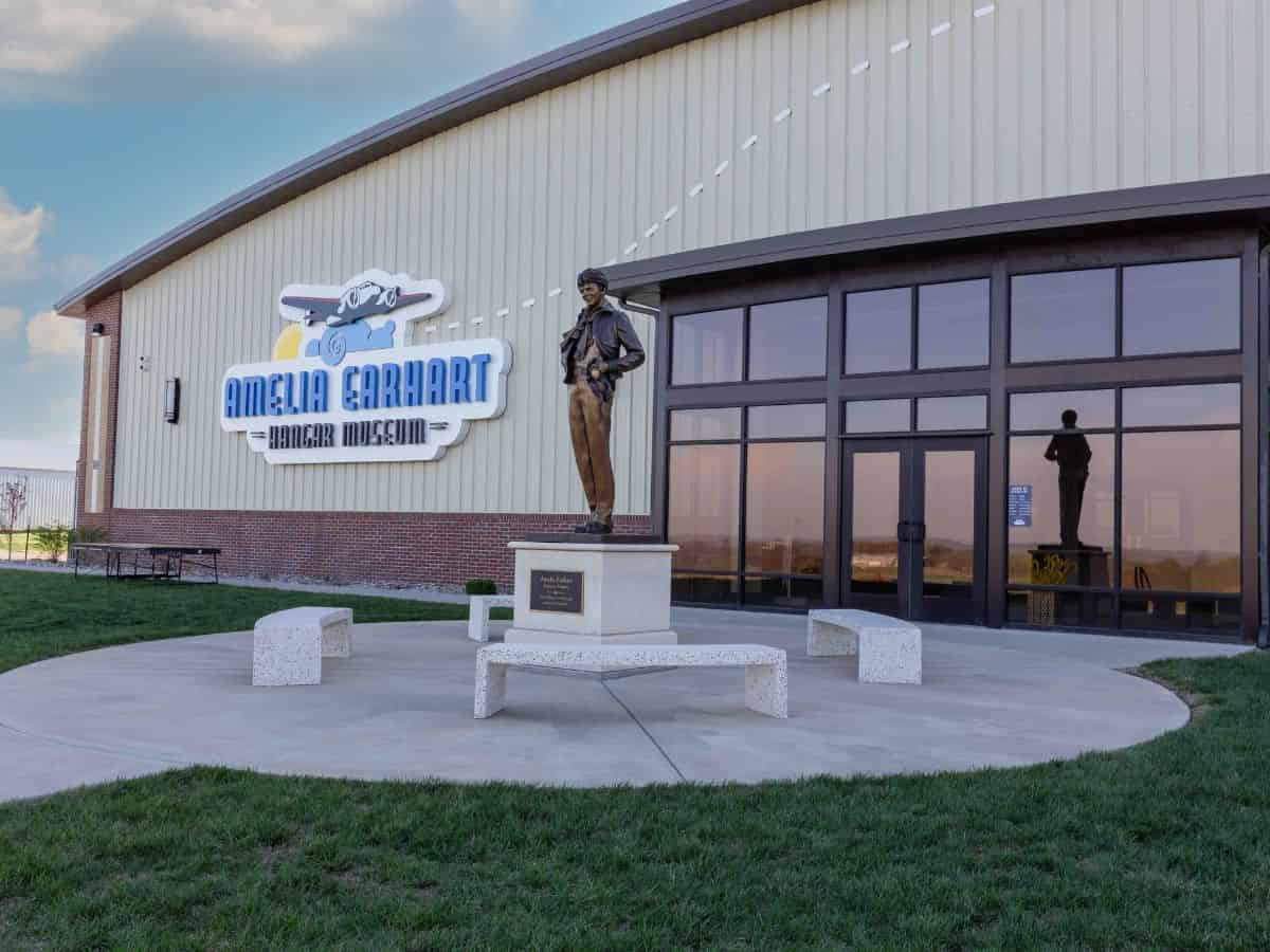 A statue of aviator Amelia Earhart outside the Amelia Earhart Hangar Museum.