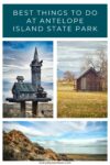 Collage featuring three images of Antelope Island State Park: a birdhouse shaped like a church, a rustic wooden shed near trees, and a landscape of rocky terrain under a blue sky.