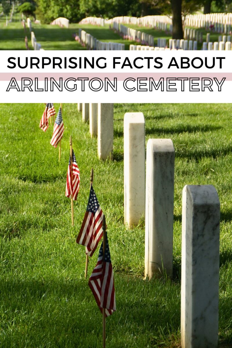 Gravestones with American flags are seen at Arlington Cemetery. The image contains the text "Surprising Facts About Arlington Cemetery.