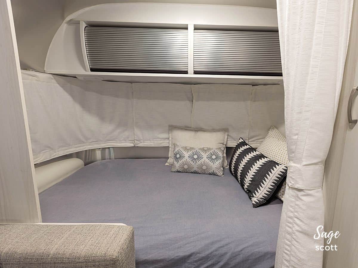 The double bed inside an Airstream Bambi.