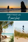 Collage of u.s. beaches featuring a sunset behind rock formations, a palm-shaded beachfront with chairs, and a lighthouse viewed from dunes.