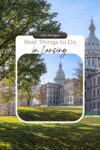 A postcard showing the Michigan State Capitol building in Lansing, with trees and a lawn in the foreground. The text reads, "USA | Michigan: Best Things to Do in Lansing.