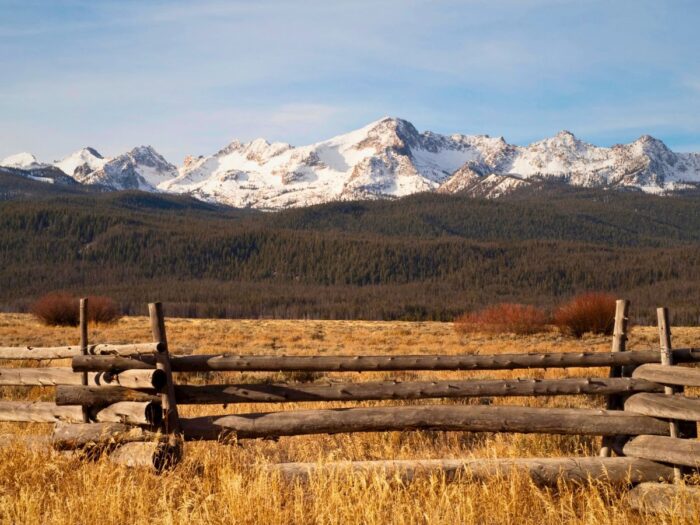 A wooden fence in front of a grassy field with snow-capped mountains and a forest in the background under a clear sky.