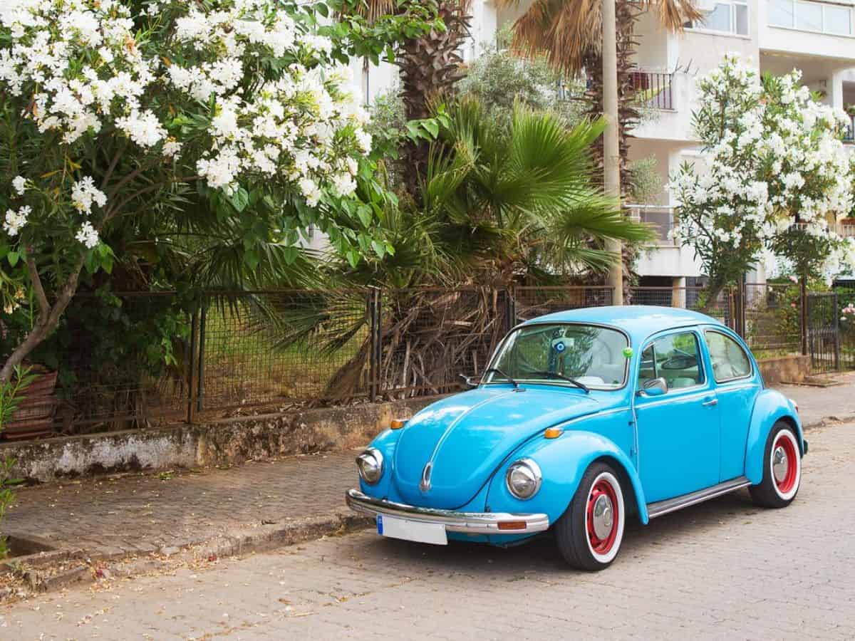 A blue Volkswagen Beetle, a car model that Germany is famous for, parked on the side of the road.