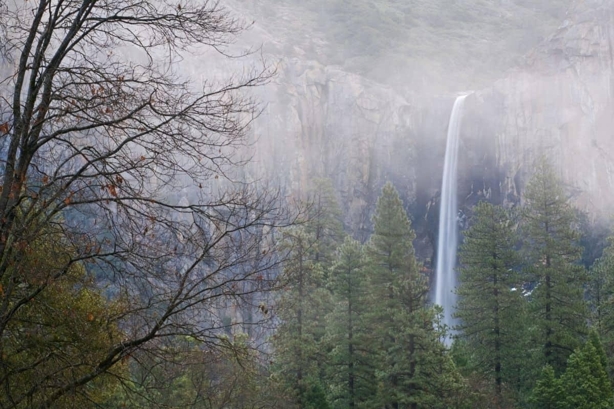 Bridalveil Fall on a foggy day in Yosemite National Park.