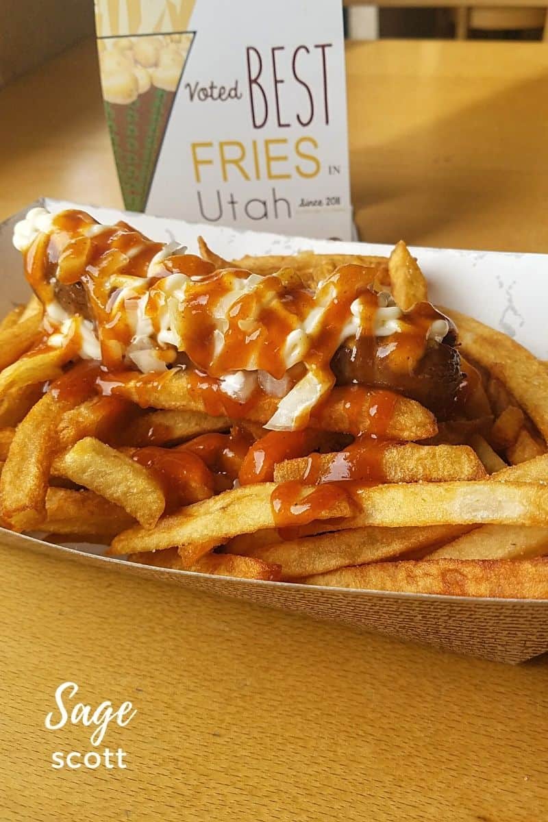 A frikandel with frites at Bruges in Salt Lake City