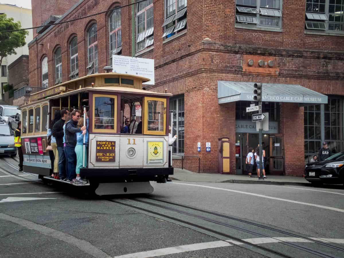 Cable car outside the Cable Car Museum in San Francisco, California.