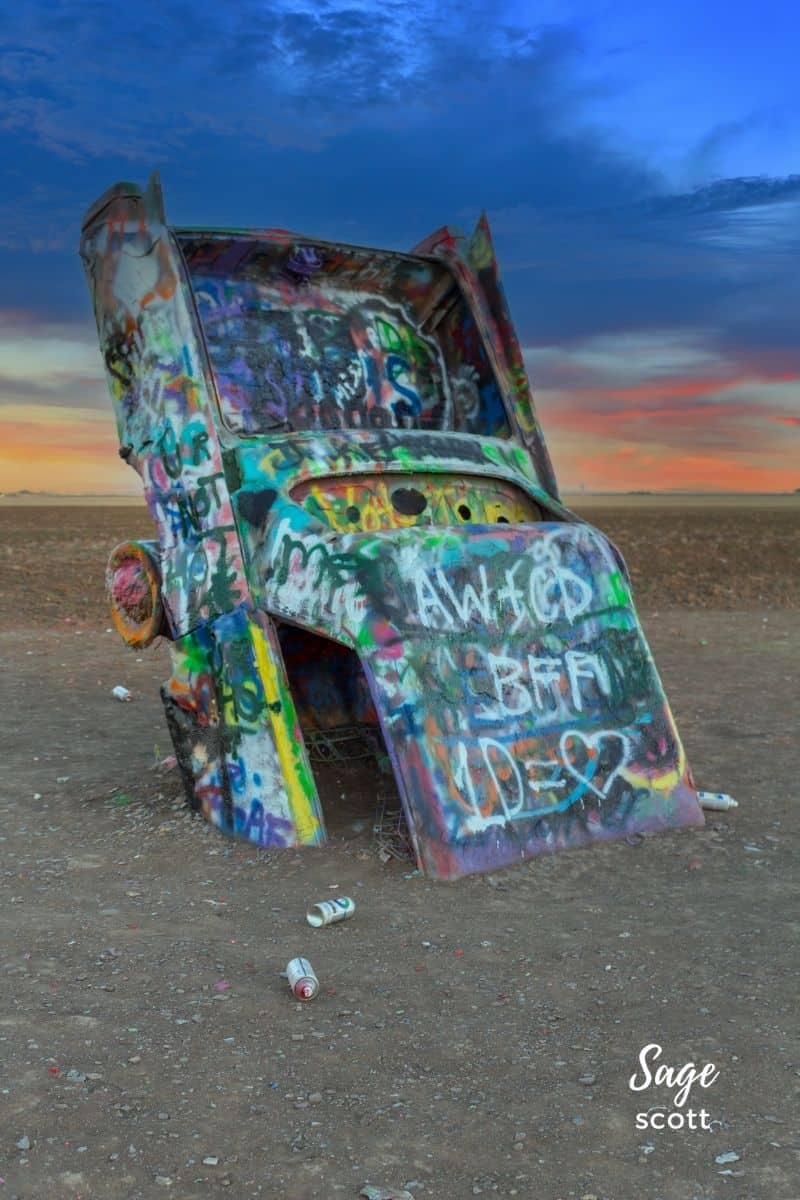 A classic Cadillac buried nose first into a field near Amarillo Texas