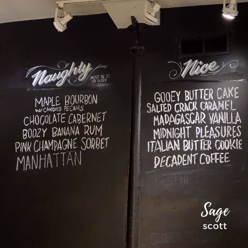 The chalkboard menu at Clementine's Naughty and Nice Creamery