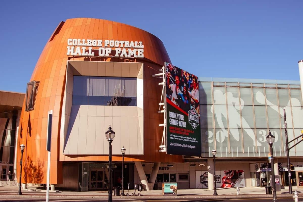 The football shaped entrance to the College Football Hall of Fame in Atlanta
