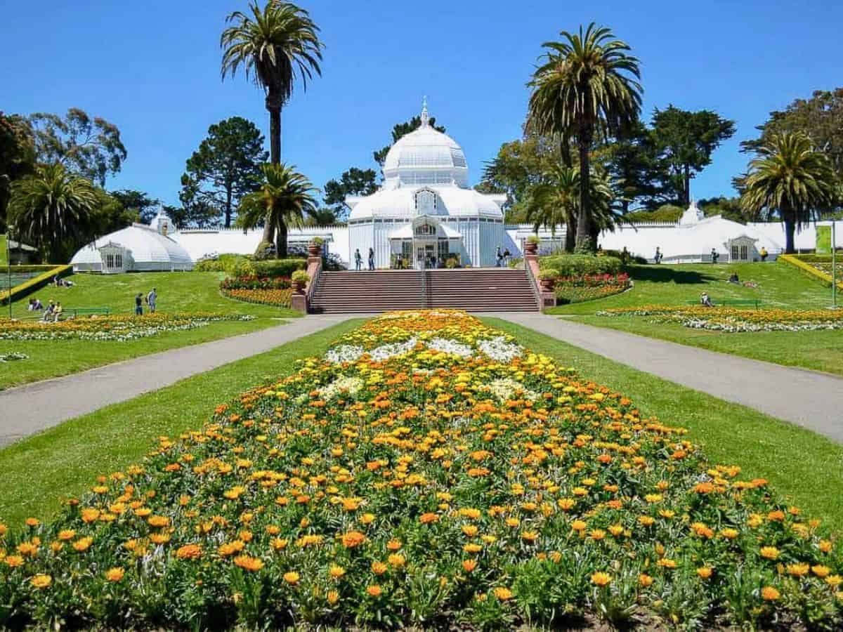 A white building with a domed roof and a walkway with flowers.