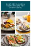 Three different types of smørrebrød topped with various ingredients such as meat, vegetables, and garnishes. Text above reads, "Best Copenhagen Restaurants for Smørrebrød.