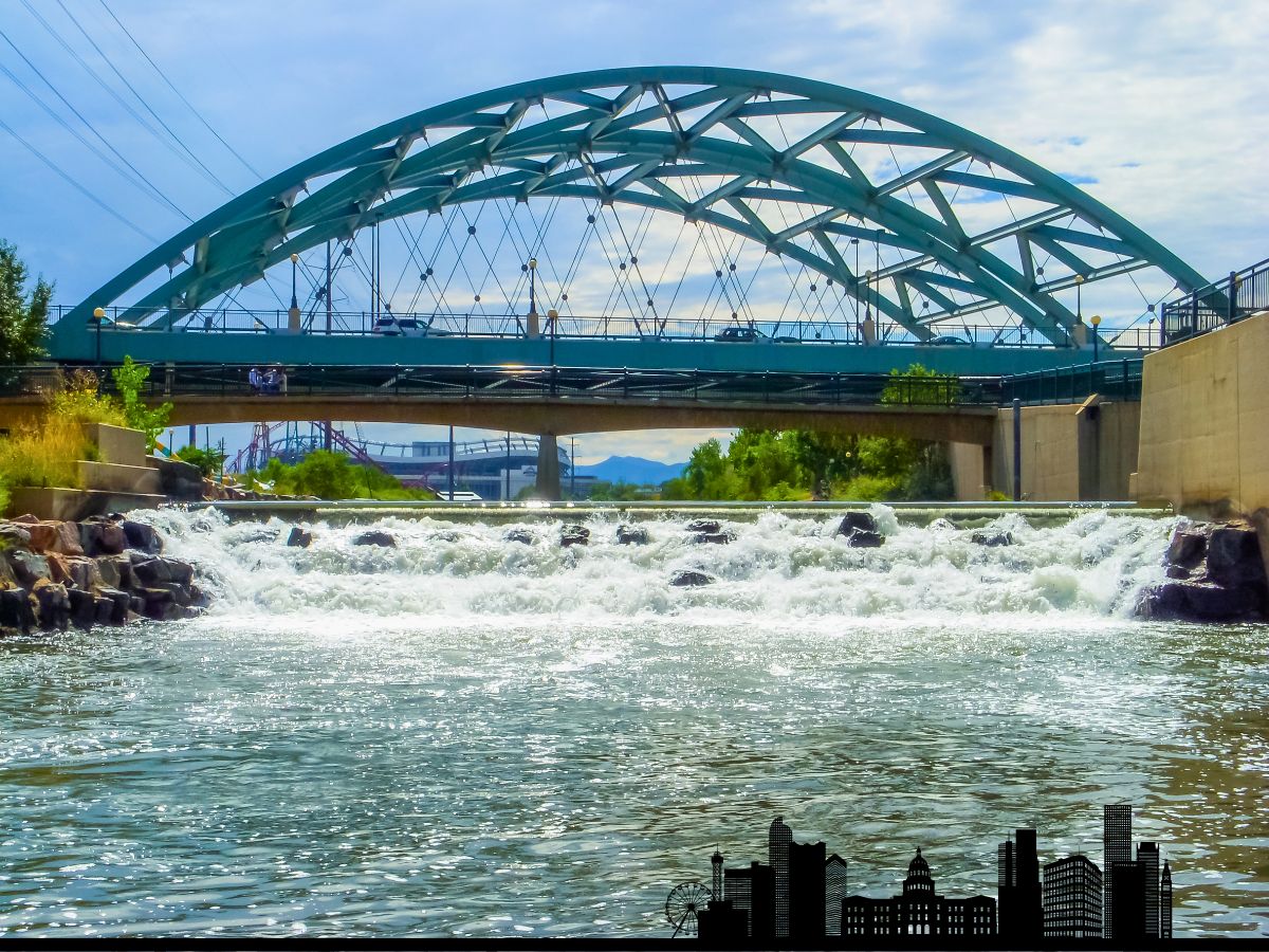 A modern arched bridge spans over a river with cascading water. The sky is partially cloudy.