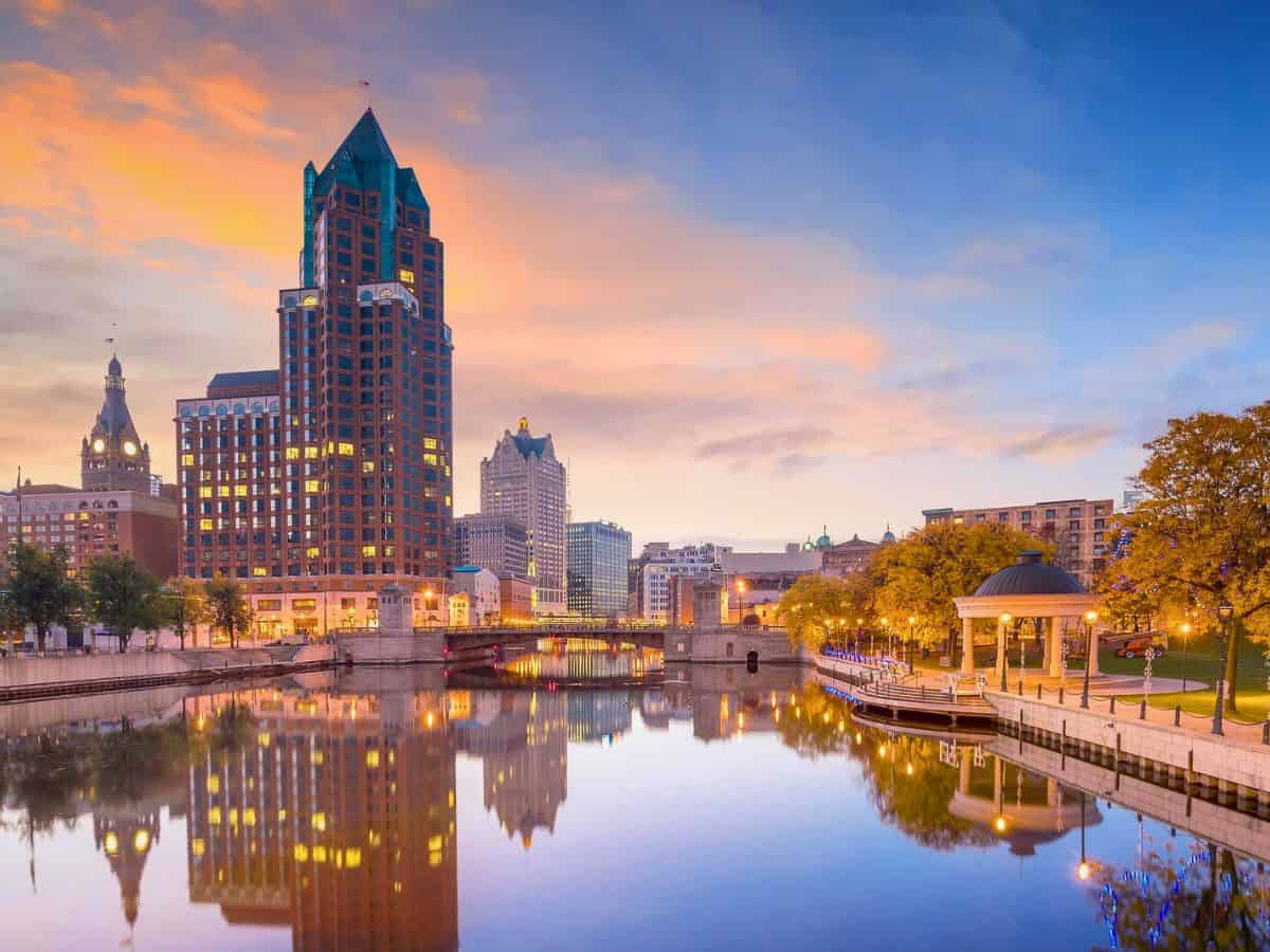 Downtown Milwaukee as the sun sets.