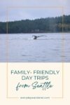 A whale's tail above the water near a forested shoreline, with text promoting family-friendly day trips from Seattle.