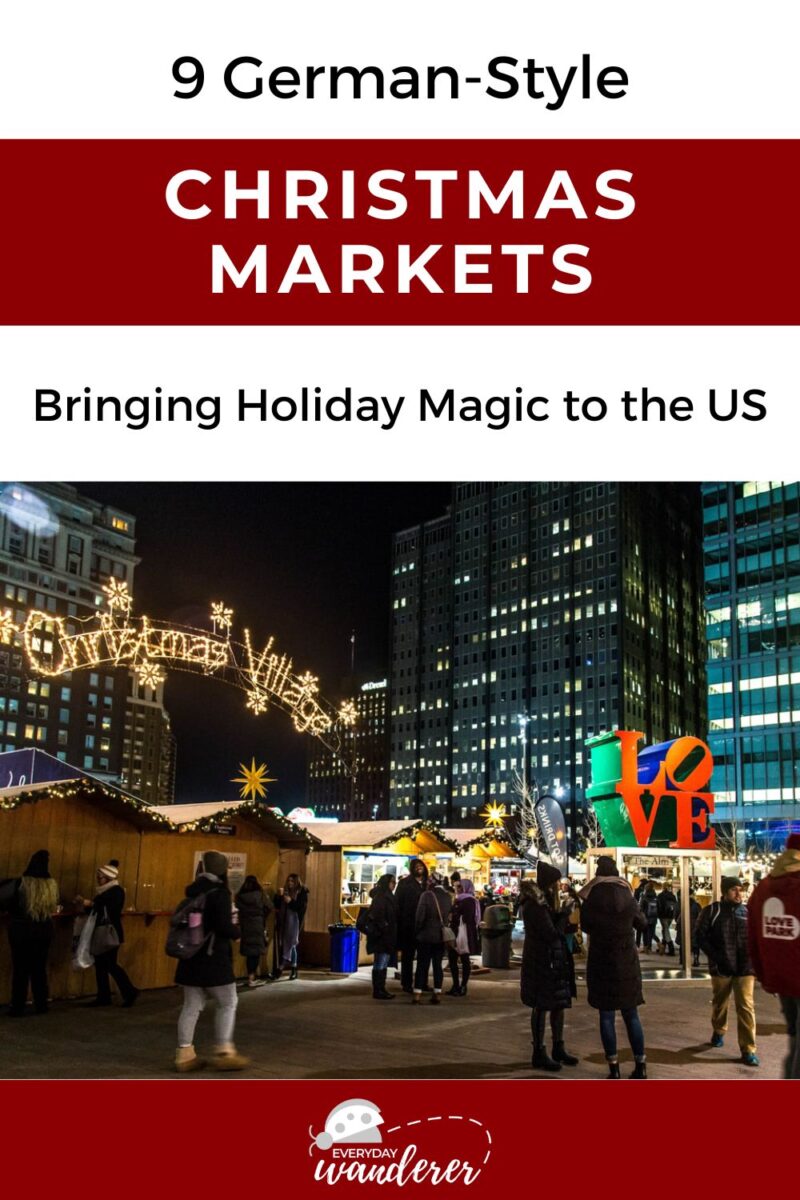 Night scene of a bustling Christmas market with festive lights and wooden stalls, set against a backdrop of city buildings.
