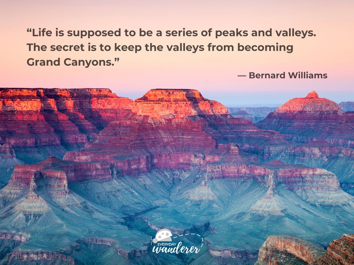 A picturesque view of the Grand Canyon at sunset with a quote from Bernard Williams about life’s challenges superimposed on the image.