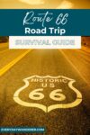 Route 66 road with painted sign, accompanied by "Route 66 Road Trip Survival Guide" text overlay.