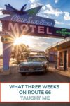Vintage car parked under the Blue Swallow Motel sign at sunset on Route 66.