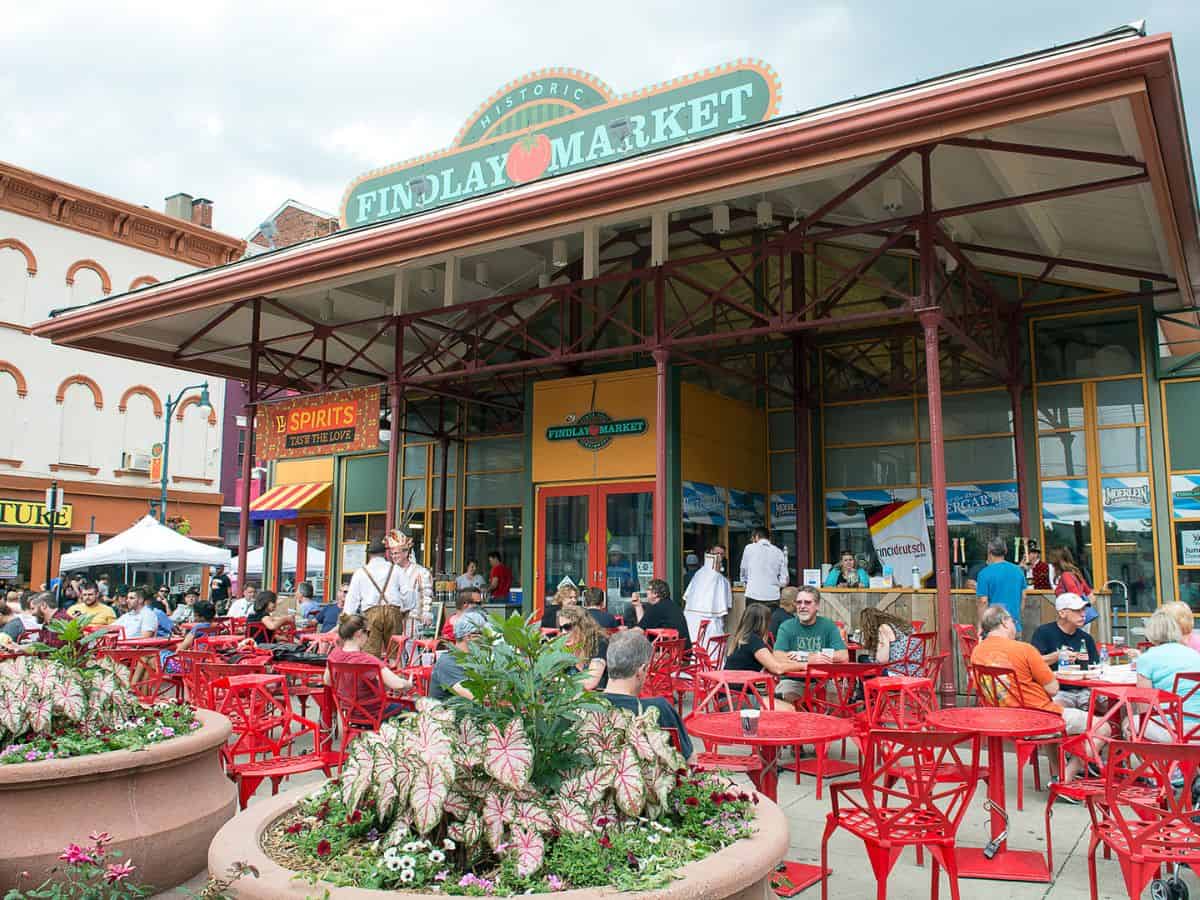 People sitting at tables outside Findlay Market
