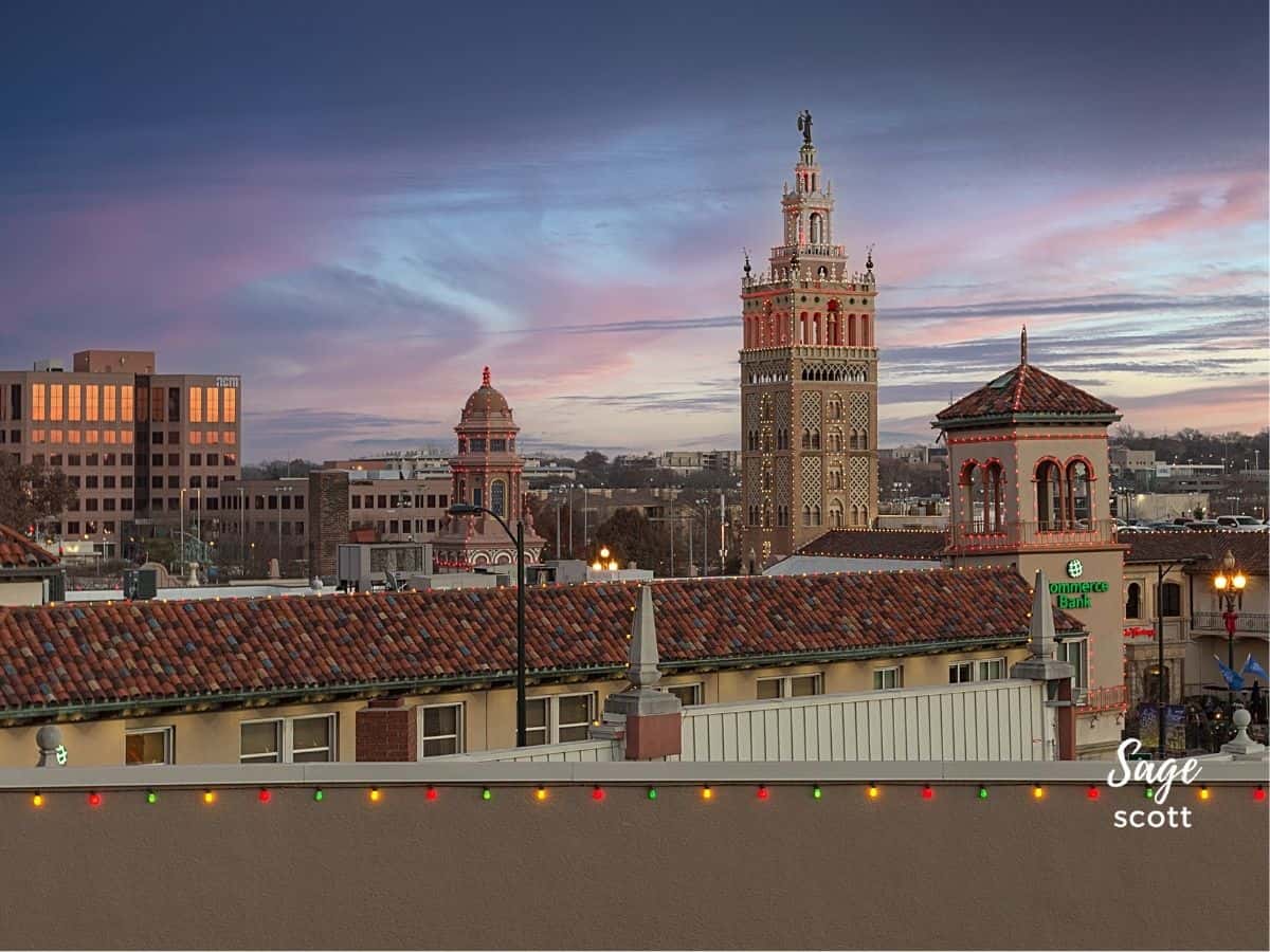 The Giralda Tower at dusk during Kansas City Plaza Lights