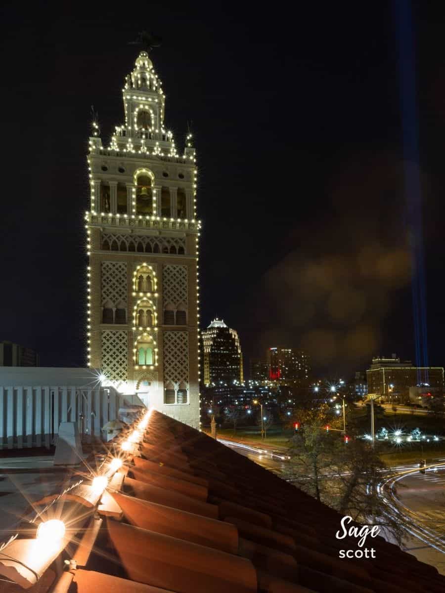 Giralda Tower with white lights during Kansas City Plaza Lights