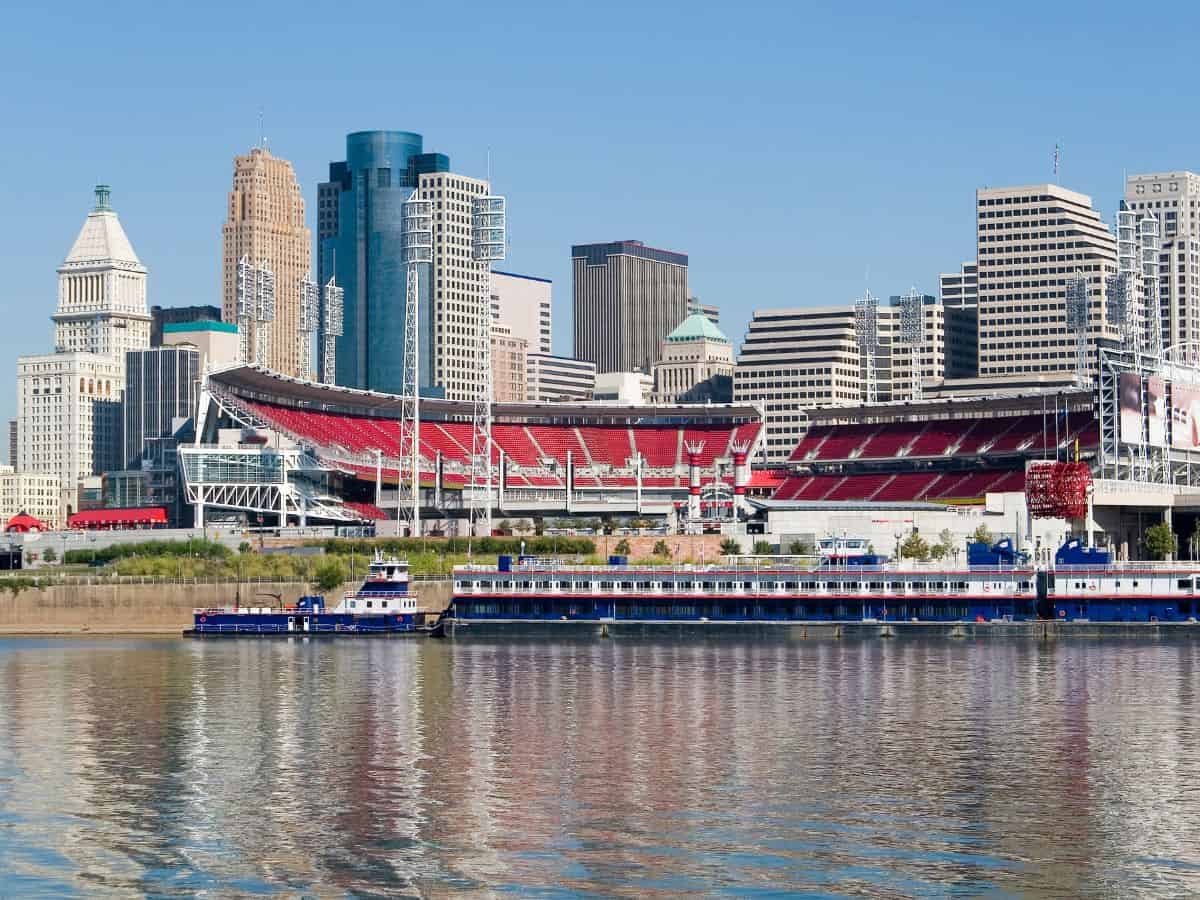 The Great American Ballpark in Cincinnati sits right on the river.