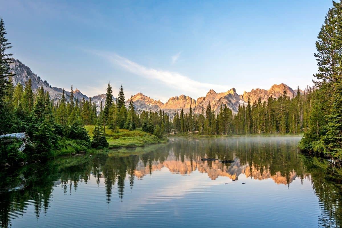Mountains surround a clear lake in Idaho