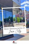A street view of "The Webster" restaurant with outdoor seating in Iowa City. The image includes text in a white frame saying "Best Restaurants in Iowa City" with a bright sunny day background.