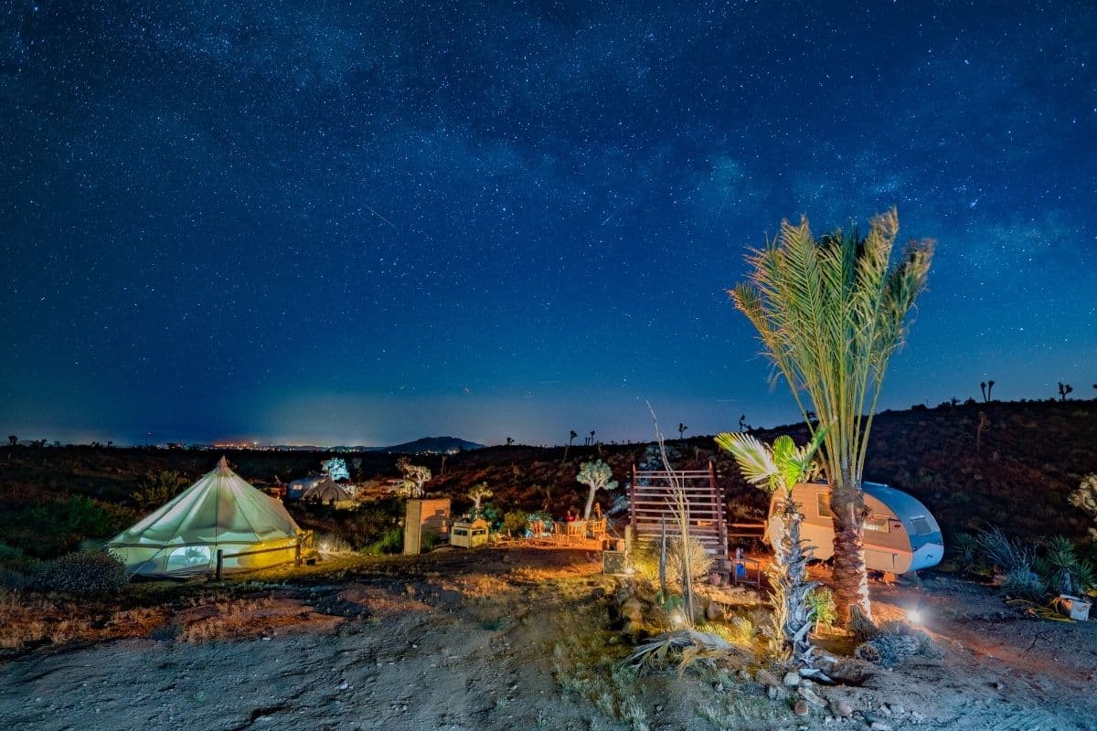 Tents at night in Joshua Tree National Park