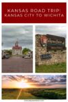 A poster titled "Kansas Road Trip: Kansas City to Wichita" with images of a historic courthouse, a sign for Tallgrass Prairie National Preserve, and a scenic view of a field at sunset.