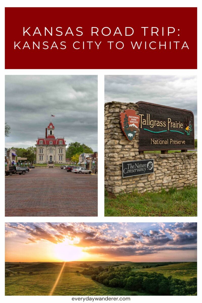 A poster titled "Kansas Road Trip: Kansas City to Wichita" with images of a historic courthouse, a sign for Tallgrass Prairie National Preserve, and a scenic view of a field at sunset.
