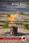 Eternal flame at the kennedy graves in arlington national cemetery, with a caption mentioning washington, dc metro.