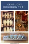 A collage of three images: bourbon barrels stacked in a warehouse, bourbon being poured into a glass, and a wooden flight board with four glasses of bourbon. Text reads "Kentucky Bourbon Trail.