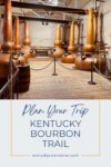 Interior of a distillery with copper stills and a wooden barrel. Text overlay reads "Plan Your Trip - Kentucky Bourbon Trail" at the bottom, with "everydaywanderer.com" beneath it.