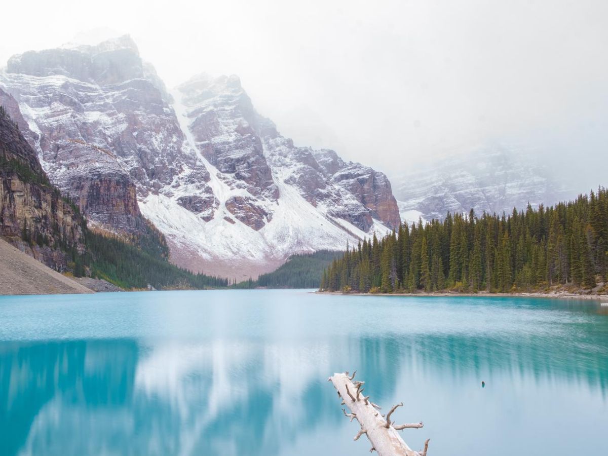 A turquoise lake with a log in the foreground, surrounded by dense evergreen trees and snow-capped mountains under a cloudy sky.