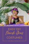 Person wearing a decorative mask and feather headdress, holding a drink at a table with fruit and a bottle, with text overlay: "Easy DIY Mardi Gras Costumes.