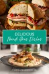 Two images of food: a sandwich with various meats and vegetables on bread, and a dish with shrimp on a creamy base. Text overlay reads "Delicious Mardi Gras Dishes" and "everydaywanderer.com.