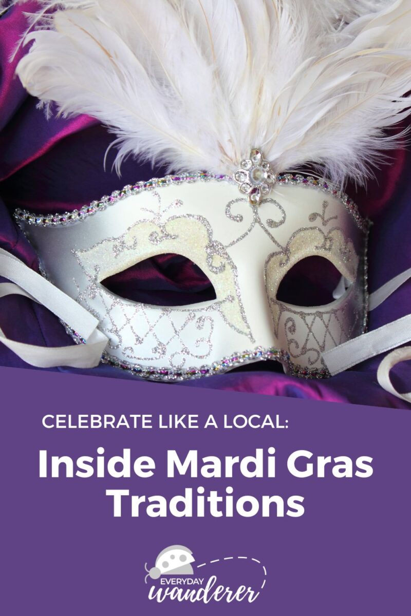Silver masquerade mask with white feathers and purple background, captioned "Celebrate Like a Local: Inside Mardi Gras Traditions.
