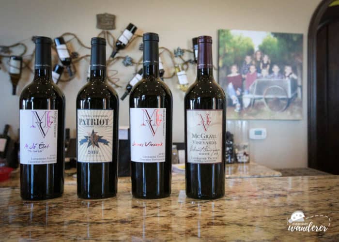 A selection of wine by Mc Grail on a counter in the wine tasting room.