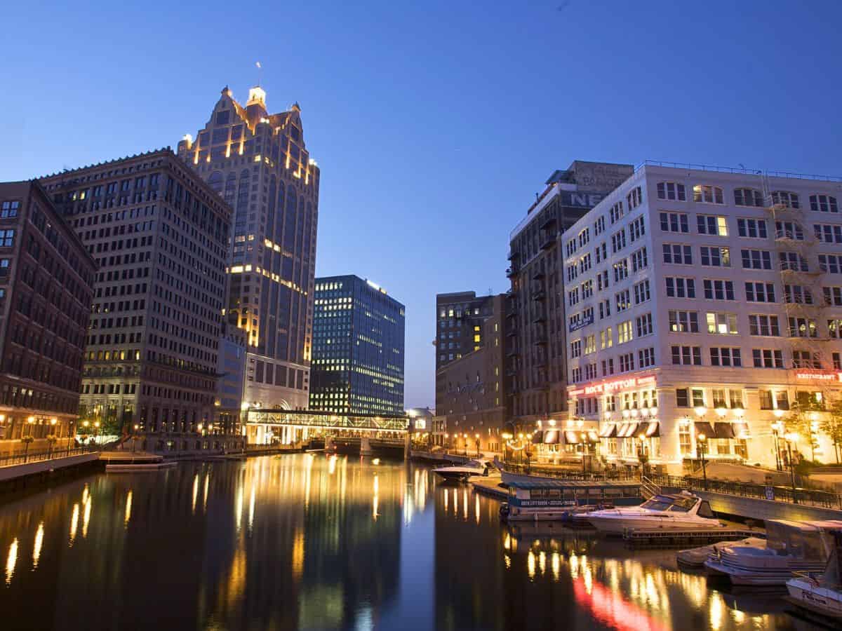 Milwaukee's Riverwalk at dusk.