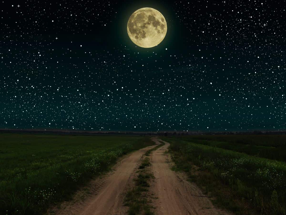 Moon in Starry Sky Over Dirt Road