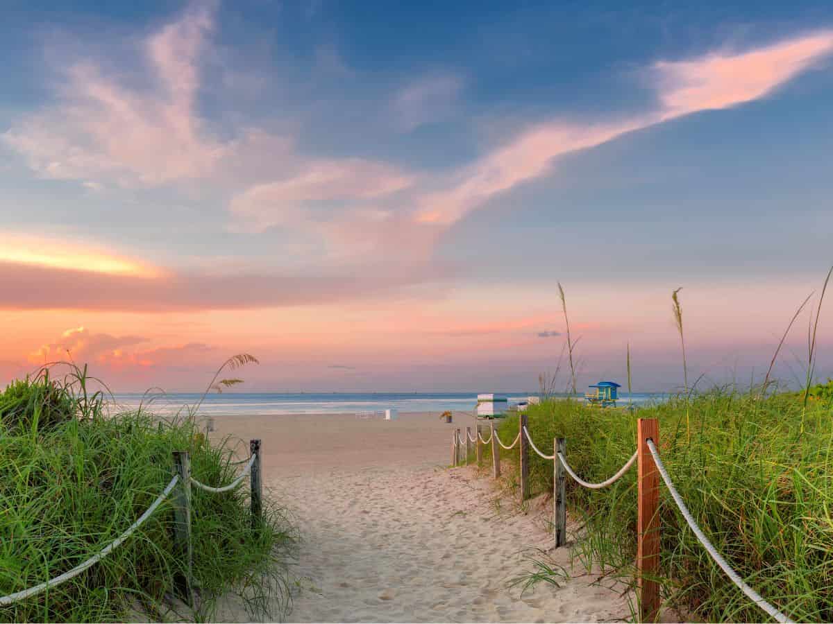 A white sand beach at sunset