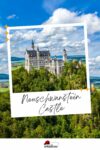 A photograph of Neuschwanstein Castle, a large, ornate castle situated on a hill with greenery in the foreground and mountains under a blue sky with clouds in the background.