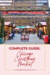 People walk through Chicago Christmas Market with festive stalls and holiday decorations beneath a sign reading "Willkommen to Christkindlmarket Chicago.