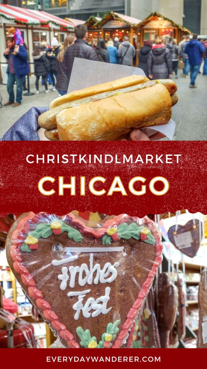 A hand holds a hot dog at a Christmas market. A gingerbread heart with "Frohes Fest" is displayed. Banner reads "Christkindlmarket Chicago.