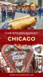 A hand holds a hot dog at a Christmas market. A gingerbread heart with "Frohes Fest" is displayed. Banner reads "Christkindlmarket Chicago.